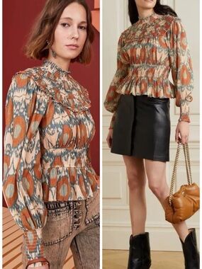 Ulla Johnson Noor Printed Blouse Bishop Sleeve Mock Neck Nimbus SZ US 2